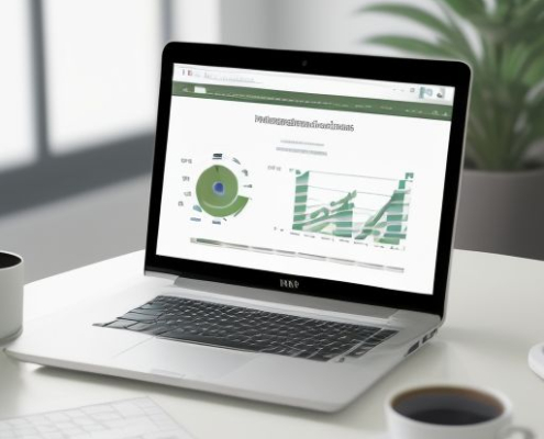 یک workspace مدرن با لپتاپ نمایشدهنده افزونههای سئو وردپرس مانند Yoast و Rank Math