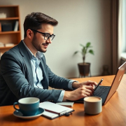یک فریلنسر حرفه‌ای در حال نوشتن پست جذاب در لینکدین در محیطی مدرن و الهام‌بخش