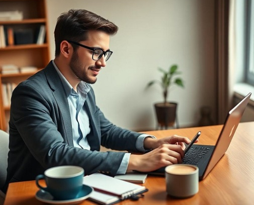 یک فریلنسر حرفه‌ای در حال نوشتن پست جذاب در لینکدین در محیطی مدرن و الهام‌بخش